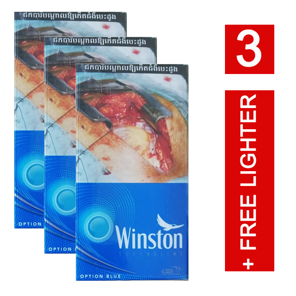 3 x Winston Option Blue Superslims + free Lighter